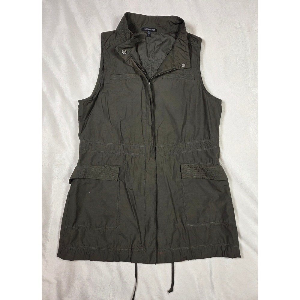 Eileen Fisher Womens Utility Cargo Vest Olive Green Full Zip Small